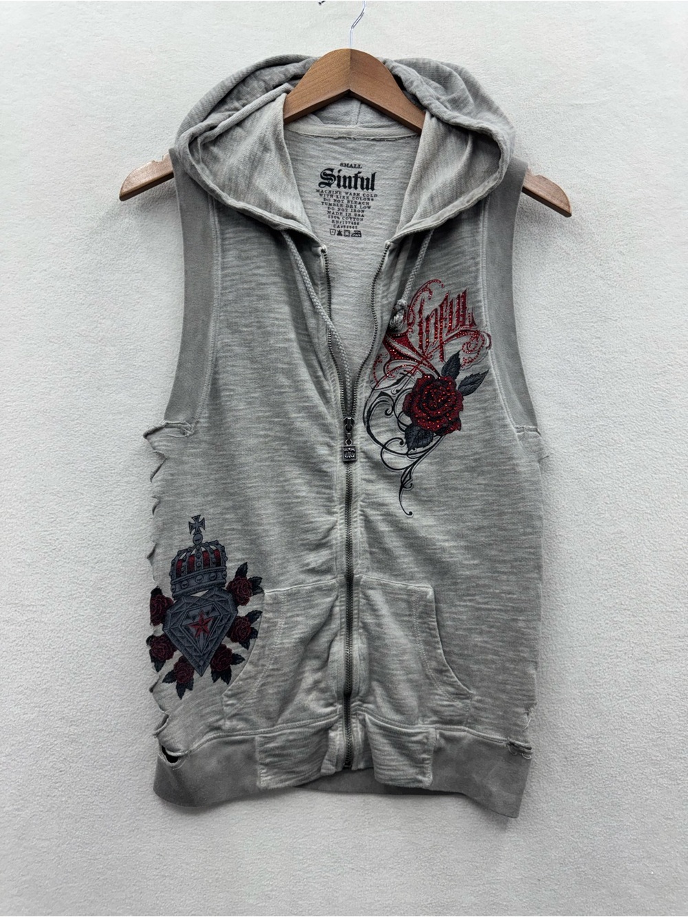 Sinful By Affliction Women’s Small Y2K Sleeveless Gray Side Slit Hoodie Vintage